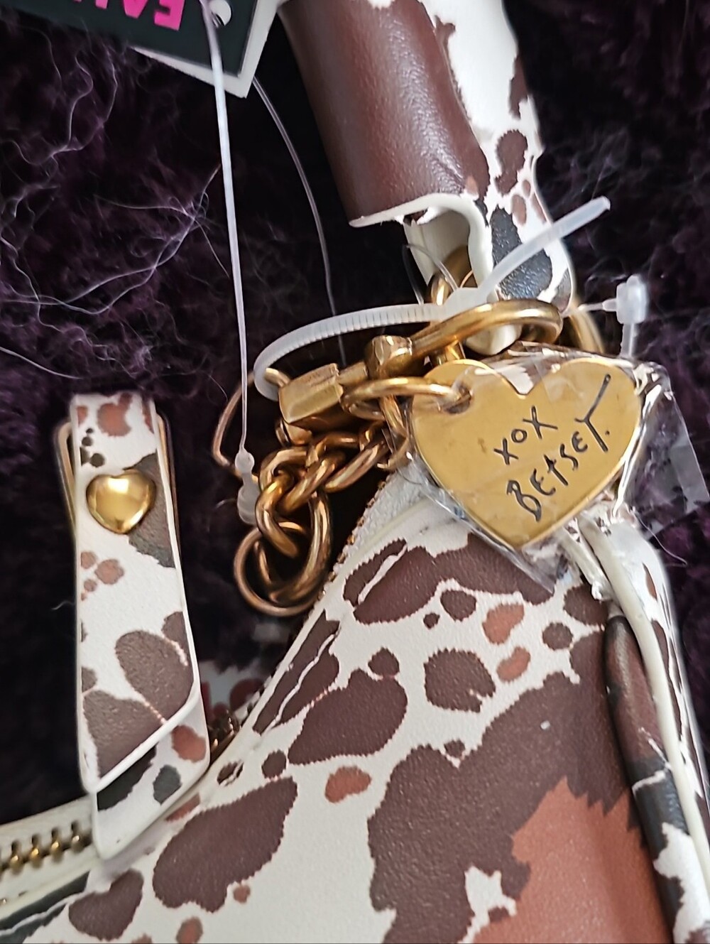 Faux Fur Brown & Cream Heart-Print Shoulder Bag - Picture 5 of 5